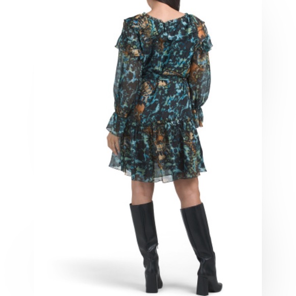 MARCHESA Printed Ruffle Mini Dress      Color: Blue Multi - Picture 2 of 12